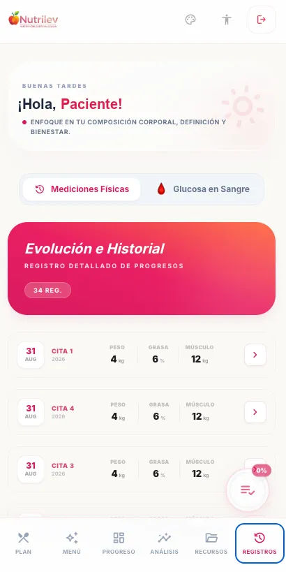 Clinical Nutrilev App - Evolución e Historial Médico