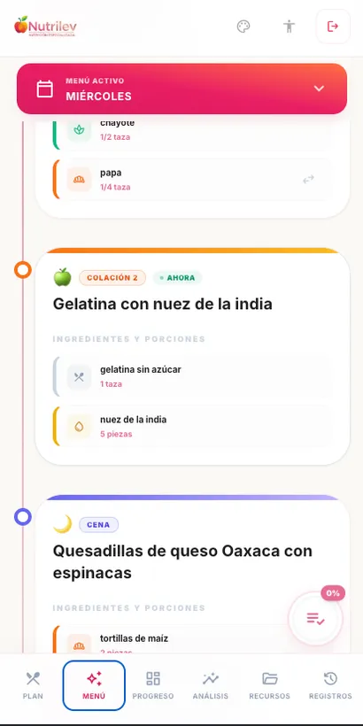 Clinical Nutrilev App - Menú del Día y Porciones